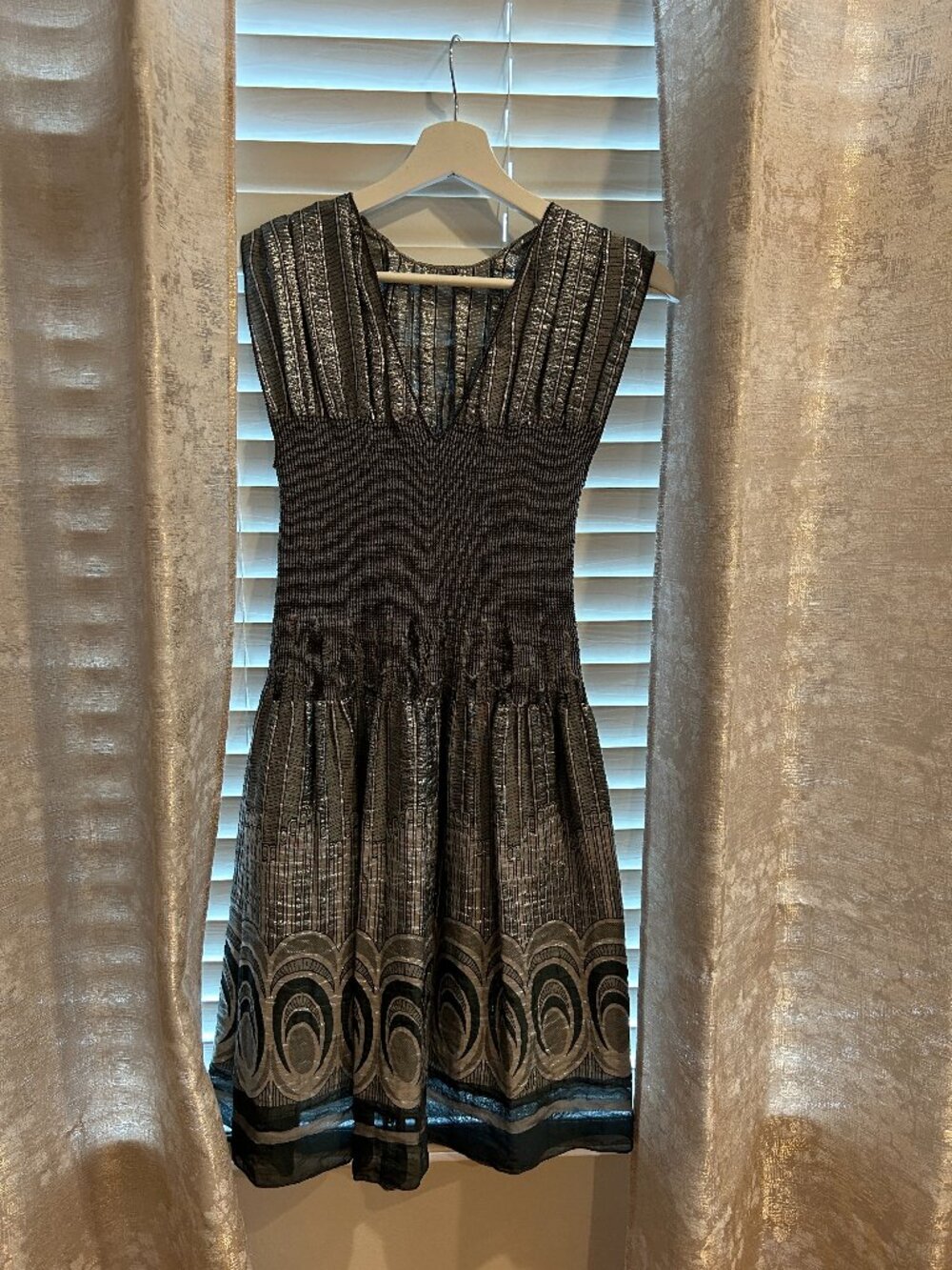 Max Studio Metallic Bronze Black Smocked Waist Dress XS